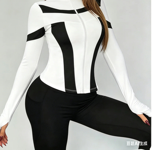 Women Slim Fit Color Block Zip Up Workout <b>Top</b> Stand Collar Long Sleeve Athletic Shirt with <b>Thumb</b> <b>Holes</b> Quick Dry for Daily Wear - Product Image 2