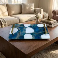 Plateau de service rectangulaire en verre, motif marbré bleu et blanc, design moderne fait main, assiette décorative pour la table à manger