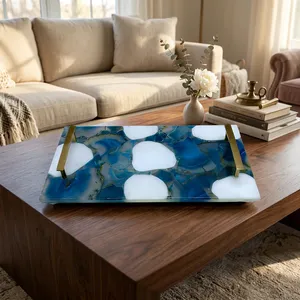 Plateau de service rectangulaire en verre, motif marbré bleu et blanc, design moderne fait main, assiette décorative pour la table à manger - Product Image 5