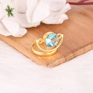 <b>Blue</b> Topaz Gemstone <b>Ring</b> for Women Gold Plated Adjustable Trendy Fashion Jewelry - Product Image 3