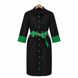 Robe chemise ajustée HMR Sorority Sisterhood noire et verte contrastée, longueur genou, style crayon, avec ceinture et boutons sur le devant - Product Image 5