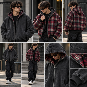 Veste à capuche réversible pour homme, à carreaux, zippée, oversize, streetwear d'hiver, vente en gros personnalisée - Product Image 4
