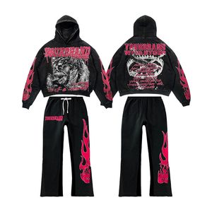 Conjunto de chándal extragrande para hombre, personalizado por fabricante, con sudadera con capucha de doble cintura y pedrería, y pantalones de chándal acampanados, estampado de invierno - Product Image 5