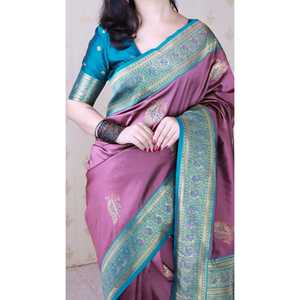 Sari de Seda Banarasi Rosa Coral, Suave, con Bordado de Zari de Pavo Real, Ropa India y Pakistaní - Product Image 5