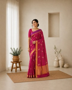 Sari en soie pure tissé à la main élégant, motif à carreaux rose magenta, bordure en zari doré, vêtement traditionnel indien pour les fêtes et les mariages - Product Image 1