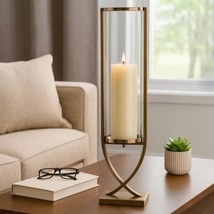 Glass <b>Hurricane</b> Candle Holder Glass Candle <b>Lantern</b> Metal <b>Hurricane</b> <b>Lantern</b> Modern Candle Holder Gold Metal Candle Holder Tall - Product Image 3