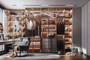 Armoire ouverte sur mesure de luxe de style mid-century moderne pour chambre à coucher, <span class=keywords><strong>dressing</strong></span>, avec logo de marque, combinaison d'armoires pleine <span class=keywords><strong>hauteur</strong></span> - Product Image 2
