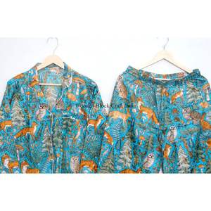 ชุดนอนลายสัตว์พิมพ์ลายบล็อกด้วยมือ ผ้าฝ้าย 100% สำหรับฤดูร้อน เนื้อผ้านุ่ม เบาสบาย เหมาะสำหรับผู้หญิง - Product Image 6