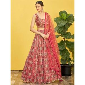 Ravishing Brown Mirror Work Organza Engagements Lehenga Choli - Product Image 1