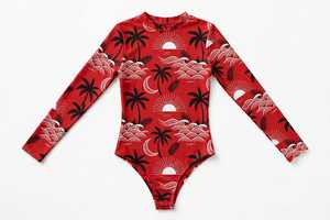 Body une pièce moulant rouge à manches longues et col montant pour femme, imprimé palmiers tropicaux, style club sexy et sportif - Product Image 2