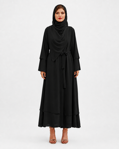 Caftan long pour femmes de qualité supérieure, en polyester et mousseline, avec ceinture, double couche, tissus doux. - Product Image 1