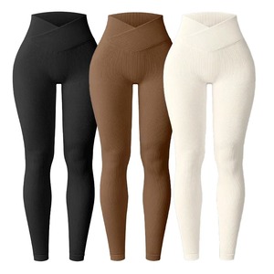 Leggings de yoga côtelés taille haute, longueur intégrale, couleur unie, extensibles dans quatre directions, respirants, pantalons de fitness pour femmes, vêtements de sport sans couture - Product Image 2
