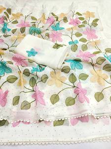 Sari en coton blanc brodé de fleurs avec bordure en dentelle, tenue traditionnelle indienne pour femmes, style décontracté, toutes saisons - Product Image 6