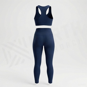 Conjunto de yoga de 2 piezas azul marino para mujer, leggings de cintura alta y sujetador deportivo tipo racerback - Product Image 2