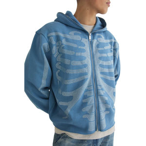 Vente en gros : Sweat à capuche en jean pour homme, design personnalisé, effet vieilli, délavé à l'acide, avec strass, coupe oversize, streetwear, fermeture éclair intégrale, hiver - Product Image 4