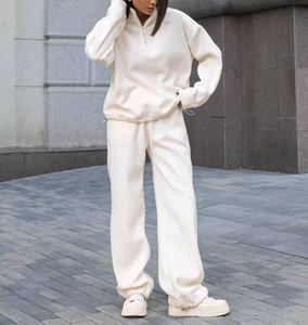 Womens White Half Zip Sweatshirt And Matching Wide Leg Pants Set Premium Heavyweight Fleece Pullover Loungewear Two Piece - Product Image 3