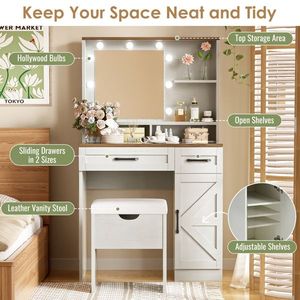 Farmhouse Adjustable <b>Makeup</b> Vanity Desk <b>with</b> Mirror <b>Lights</b> 3 Lighting Modes Vanity Set and Stool Dressing <b>Table</b> - Product Image 2