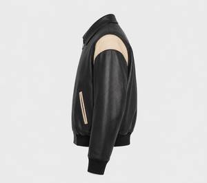 Blouson Bomber en Cuir Véritable pour Homme, Noir et Beige, Style Color Block, Décontracté, Zippé, avec Ourlet Côtelé Classique, 2026 - Product Image 3