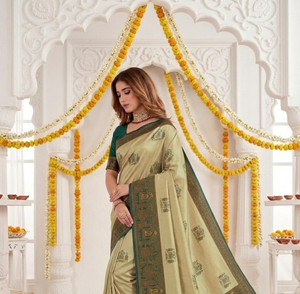 Sari en soie vert beige AARA Fashion avec motif éléphant, protection solaire, pour mariage, tenue traditionnelle, longueur ras du sol pour femme - Product Image 4