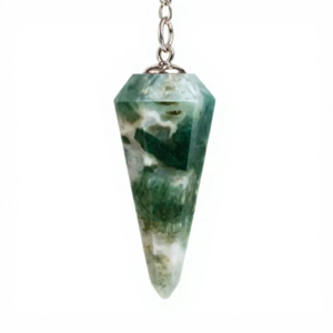 Hermoso Péndulo de Ágata Musgosa Natural, Gema Pulida en Forma de Lápiz, Cadena de Plata, Cristal Feng Shui - Product Image 2
