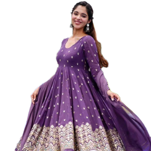 Conjunto de Vestido y Dupatta TENNECY Morado, Reversible, de Georgette Sintética, Sin Arrugas, para Trabajo, Diseño de Fiesta, para Mujer - Product Image 1