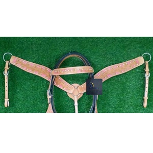 ASHMIRA EQUESTRIAN Western Tan Leather Horse Headstall Breast Collar Set <b>Pink</b> Inlay Floral Tooling Tack Gear - Product Image 2