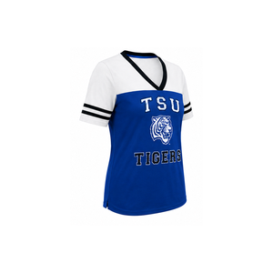 Camiseta Personalizada Azul y Blanca con Cuello en V para Mujer, Estilo Jersey Deportivo, Manga Corta, Marca Privada OEM - Product Image 3