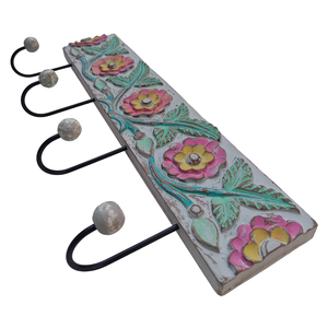 Smart Art Wood Carving <b>Key</b> Rack Organizer White Washed Handmade <b>Wall</b> Mounted <b>Key</b> Hanger Clothing Storage 4 <b>Hook</b> Engineered Wood - Product Image 4