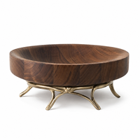 Meilleure Vente : Bol en Noyer Sculpté avec Base Métallique Dorée, Fait Main, Luxe, pour Service et Décoration Intérieure, Ensemble de Collection
