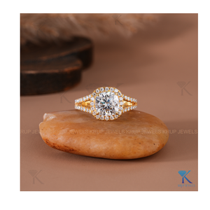 Delicate Cushion Cut Halo Engagement <b>Ring</b> with Pave <b>Split</b> Shank in Yellow Gold Stackable <b>Ring</b> for Women Minimalist Fine Jewelry - Product Image 1