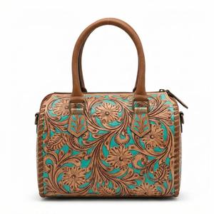 Hand Tooling Florals Carved With Single Turquoise Stone Studded Border Stitched Zipper Closure Genuine Leather Speedy Duffle Bag - Product Image 4