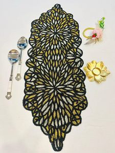 Embroidered Geometric Table Runner Bohemian Home Decor Yellow Gray Black Washable Pattern - Product Image 3