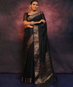 SAREE DE SEDA BANARASI CON TRABAJO DE JACQUARD EN TENDENCIA, CON BLUSA SIN COSTURAR, NEGRO, LARGO HASTA EL SUELO, CAIMIENTO REGULAR, ÉTNICO, PARA BODA - Product Image 1