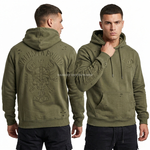 Sudadera con Capucha Valhalla Bound Viking, Bordada, 500GSM, Verde Oliva, Desgastada y Rasgada, para Hombre, Estilo Nórdico, Streetwear - Product Image 1