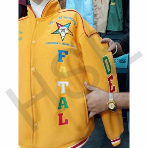 Custom OEM Varsity <b>Jacket</b> Yellow Letterman <b>Jacket</b> with Embroidered Patches and Ribbed Cuffs - Product Image 6