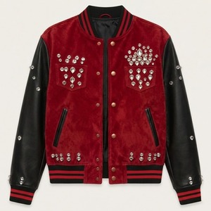 Chaqueta Varsity Personalizada para Hombre con Pedrería, Mangas de Cuero y Detalles de Gamuza, Estilo Bomber, Venta Directa al por Mayor - Product Image 5