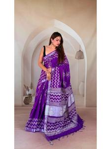 Contemporary Linen Saree Collection with Blouse Inspired by Indian Hand Block <b>Art</b> and Finished with Natural Dyes for Boutique - Product Image 2