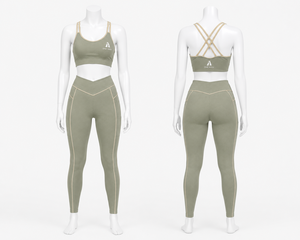 Women Olive Green <b>Long</b> <b>Sleeve</b> <b>Crop</b> Top Leggings Set Workout Yoga Gym Activewear Fitness Sportswear Two Piece Clothing - Product Image 2