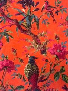 Hand Printed Coral Cotton Velvet Fabric with Colorful Bird and Floral Print for Upholstery Curtains Cushions and Home Decors - Product Image 3