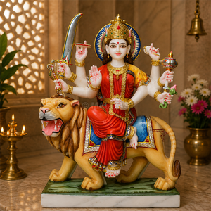 Marble Durga Maa Statue on Lion | Red Sari Durga Mata Murti with Sword and Mace by MALIYAS Jaipur India - Product Image 1