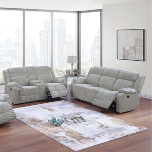 Set Divano Reclinabile 2 Pezzi in Velluto a Coste Effetto Pelliccia Colore Cenere con Console per Soggiorno - Product Image 1