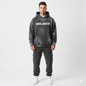 Fabricant de sweats à capuche zippés pour hommes, marque privée Ranzia Industry Factory, sweats à capuche en coton avec broderie effet vieilli, ensembles de survêtements. - Product Image 1