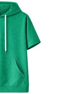 Haut à capuche vert à manches courtes pour homme, pull décontracté, t-shirt léger d'été, streetwear, mélange de coton, avec poche kangourou - Product Image 3
