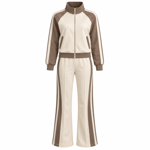 Conjunto Deportivo de 2 Piezas para Mujer, Chaqueta con Cierre y Pantalones Anchos, Color Sólido, Estilo Casual - Product Image 4