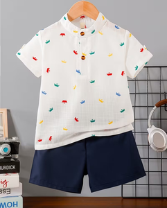 Baby Boys 2pcs Crown Print Cotton T-Shirt & Shorts Set Summer Casual Breathable Mandarin Collar Short Sleeve Outfit - Product Image 1