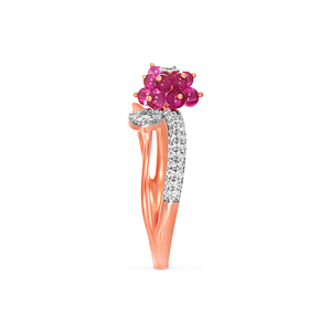 Bague de fiançailles de luxe en or rose 14 carats avec rubis, motif fleur épanouie, diamants et rubis marquise sertis pavé, diamant taille brillant - Product Image 4