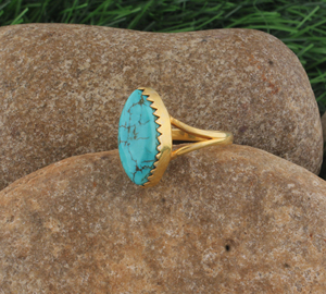 Shree Jaipur Silver Handcrafted Silver Marquise Blue <b>Turquoise</b> <b>Ring</b> Serrated Edge Bezel Setting Gemstone Band Unisex Fine - Product Image 5