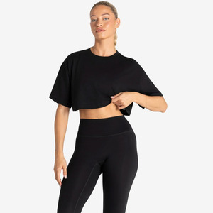2026 Innovears Women's <b>Black</b> Crew Neck <b>Crop</b> <b>Top</b> <b>Short</b> <b>Sleeve</b> Solid Color Breathable Cotton Yoga Fitness Shirt - Product Image 3