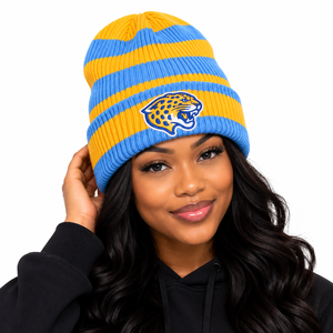 Gorro de Punto Personalizado de los Southern University Jaguars, con Franjas Azules y Doradas, Bordado, con Borde Plegado, para Invierno, Venta al Por Mayor - Product Image 3