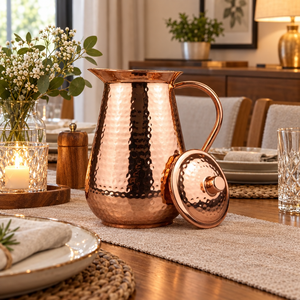Grande carafe à eau en cuivre pur martelé avec couvercle, carafe de stockage ayurvédique traditionnelle, ustensile de cuisine, vaisselle - Product Image 4